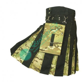 Men New Black Modern Kilt with Camo Box Pleats Hybrid Kilt